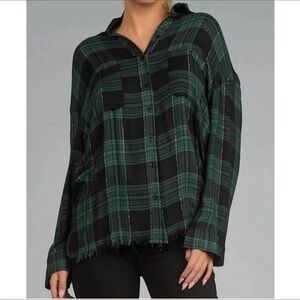 Elan green and black plaid button down shirt with delicate silver throughout